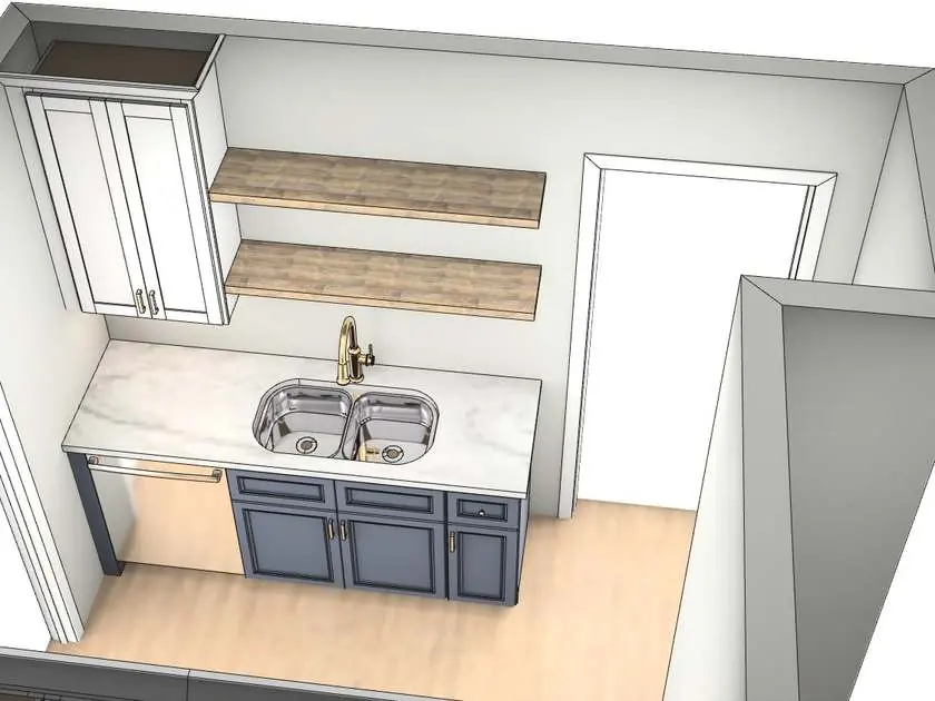 Kitchen layout drawn before construction, showing the sink wall and open shelving