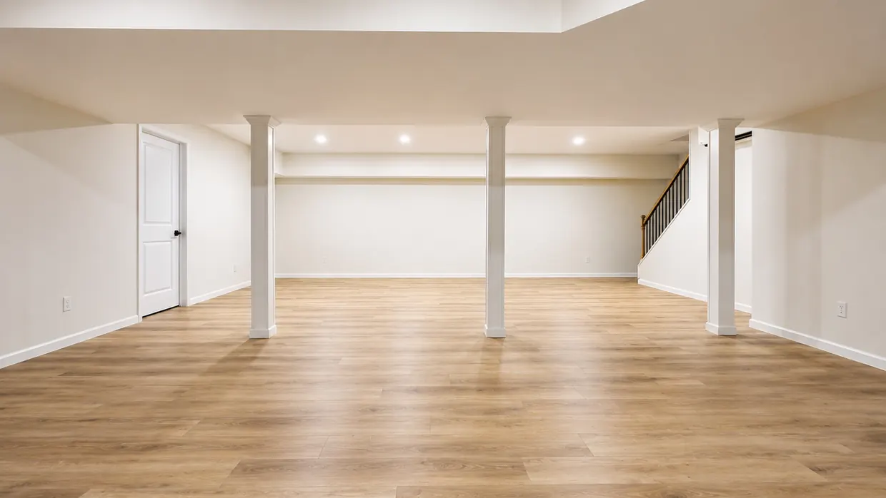 Finished basement in Central Pennsylvania with wide-plank luxury vinyl flooring, recessed lighting, wrapped support columns and an open stair by Smego Construction
