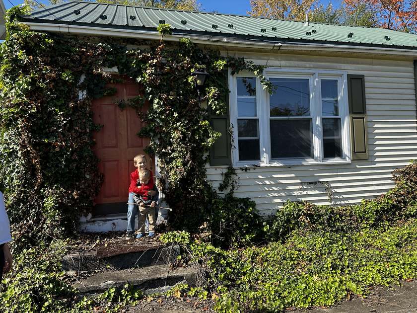 Distressed house in Shamokin Dam before renovation, front entry overgrown with vines after sitting vacant for years