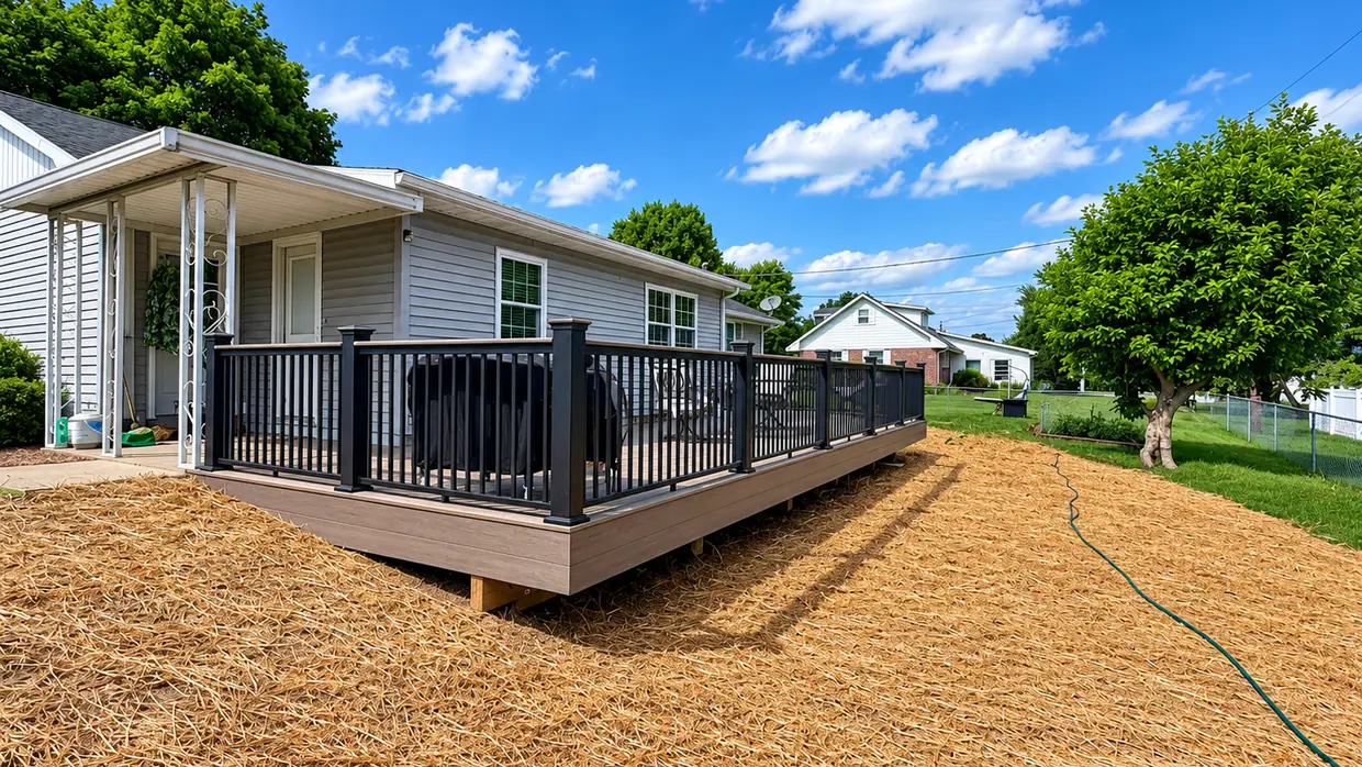 Finished TimberTech composite deck with black aluminum railing on a ranch home in Shamokin Dam, Pennsylvania, by Smego Construction