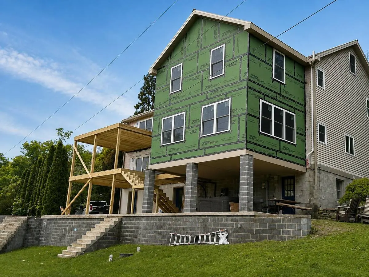 Two-story addition in Selinsgrove, Pennsylvania, dried in with windows installed, built on masonry piers above a walk-out basement and retaining wall