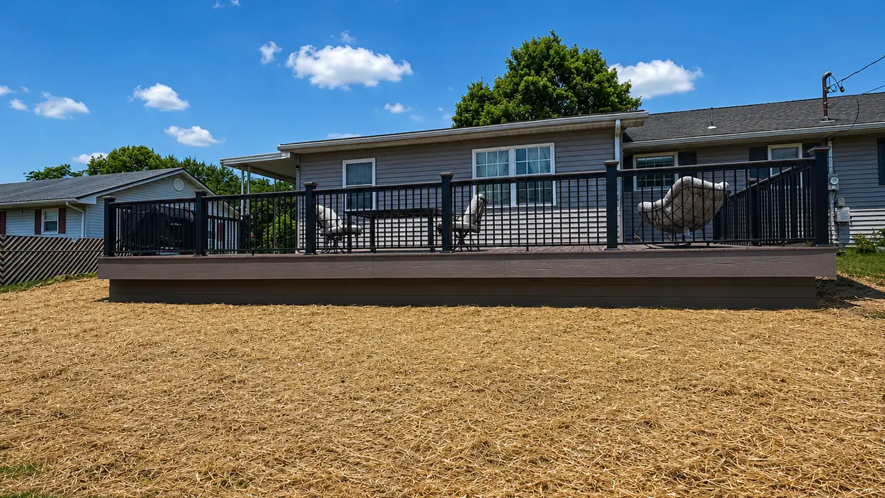 Completed composite deck seen from the yard with the black aluminum railing