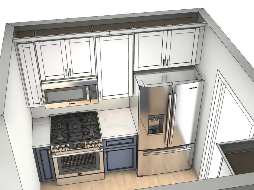 Kitchen layout drawn before construction, showing the range and refrigerator wall