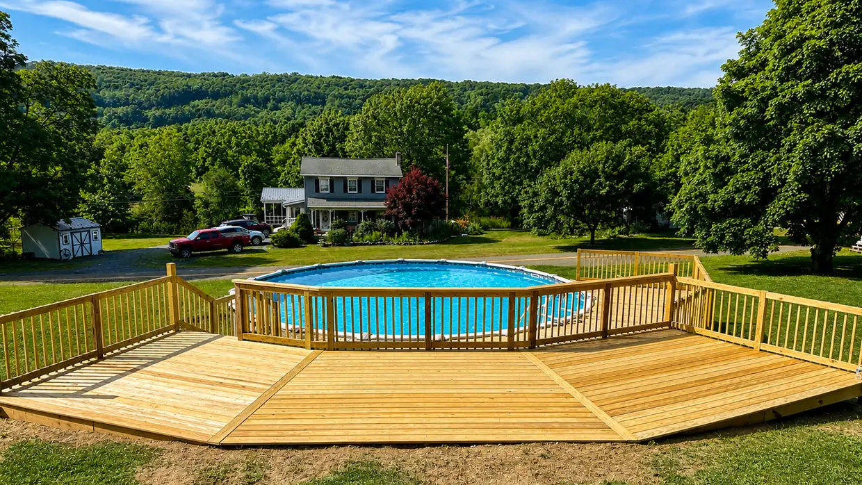 Pressure-treated pool deck built around an above-ground pool in Central Pennsylvania, with wood railing and a ridge line beyond, by Smego Construction